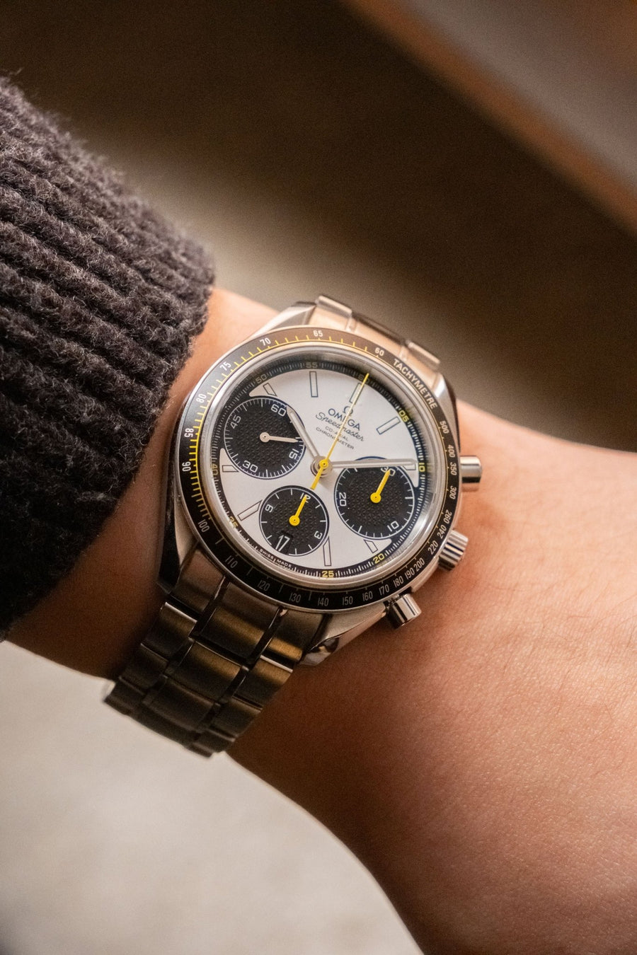 2024 OMEGA Speedmaster Racing White Dial with Yellow Accents Ref. 326.30.40.50.04.001 - Wristory