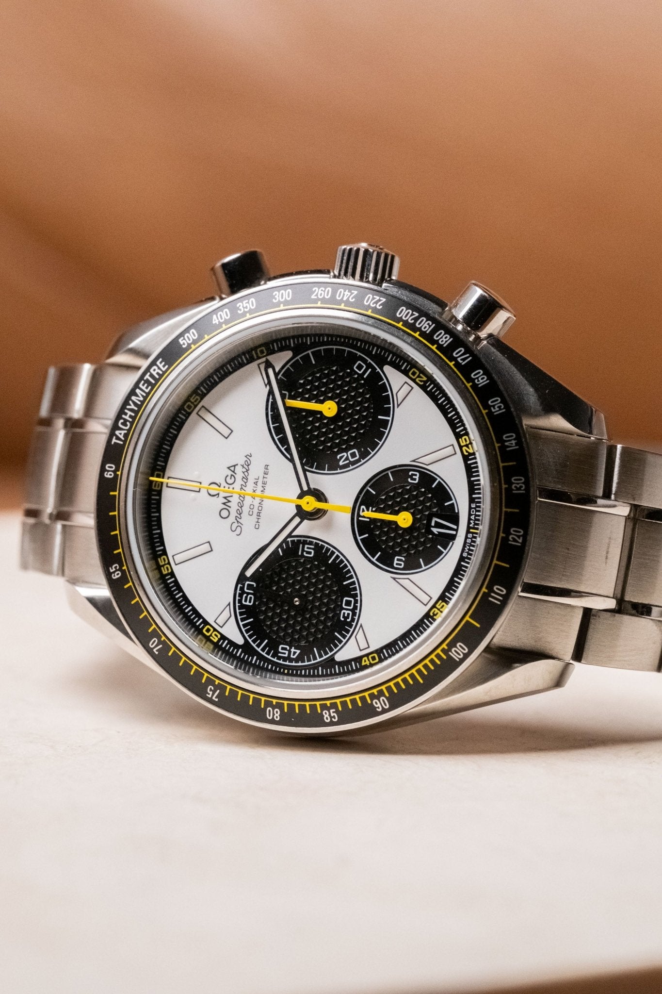 2024 OMEGA Speedmaster Racing White Dial with Yellow Accents Ref. 326.30.40.50.04.001 - Wristory