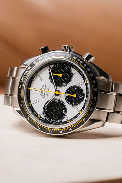 2024 OMEGA Speedmaster Racing White Dial with Yellow Accents Ref. 326.30.40.50.04.001 - Wristory