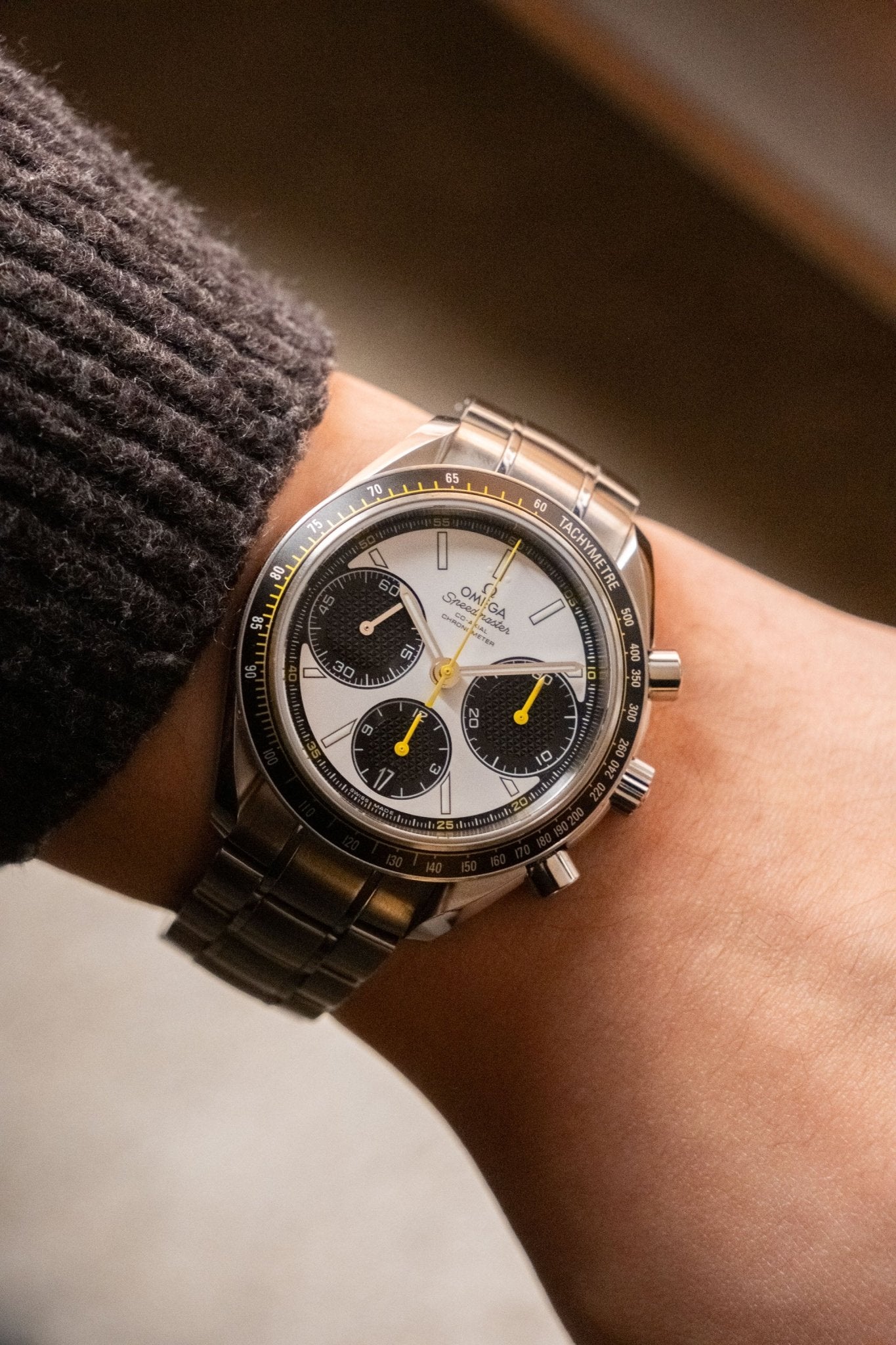 2024 OMEGA Speedmaster Racing White Dial with Yellow Accents Ref. 326.30.40.50.04.001 - Wristory