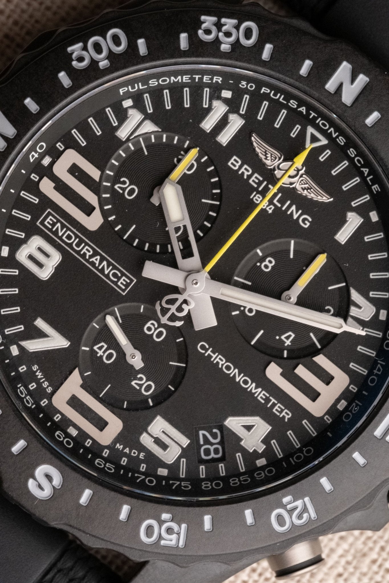 2025 Breitling Endurance Pro 44 Chronograph “Air-Asia” 10 Years Service Edition dial detail close-up