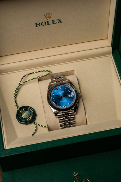 2026 Rolex Datejust 41 Fluted Jubilee “Azzuro Blue Roman” 126334 full set box and papers