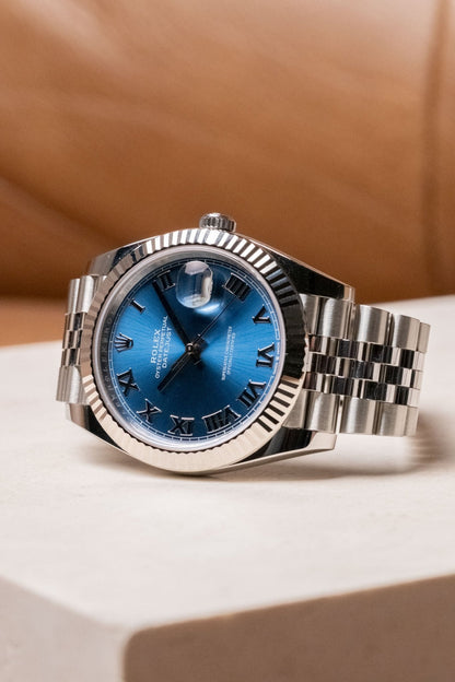 2026 Rolex Datejust 41 Fluted Jubilee “Azzuro Blue Roman” 126334 dial detail close-up