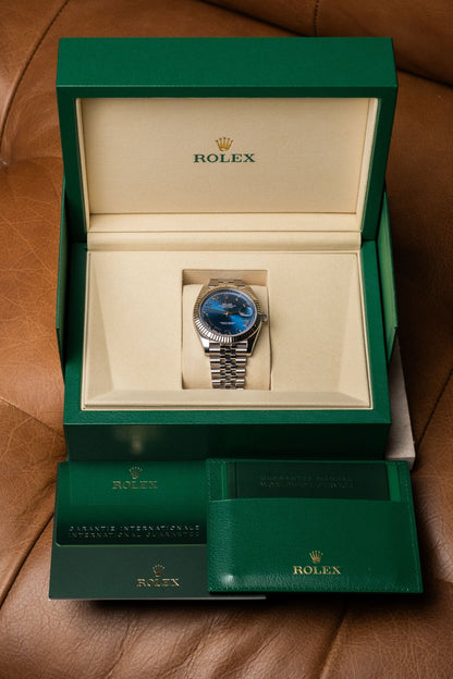 2026 Rolex Datejust 41 Fluted Jubilee “Azzuro Blue Roman” 126334 full set box and papers