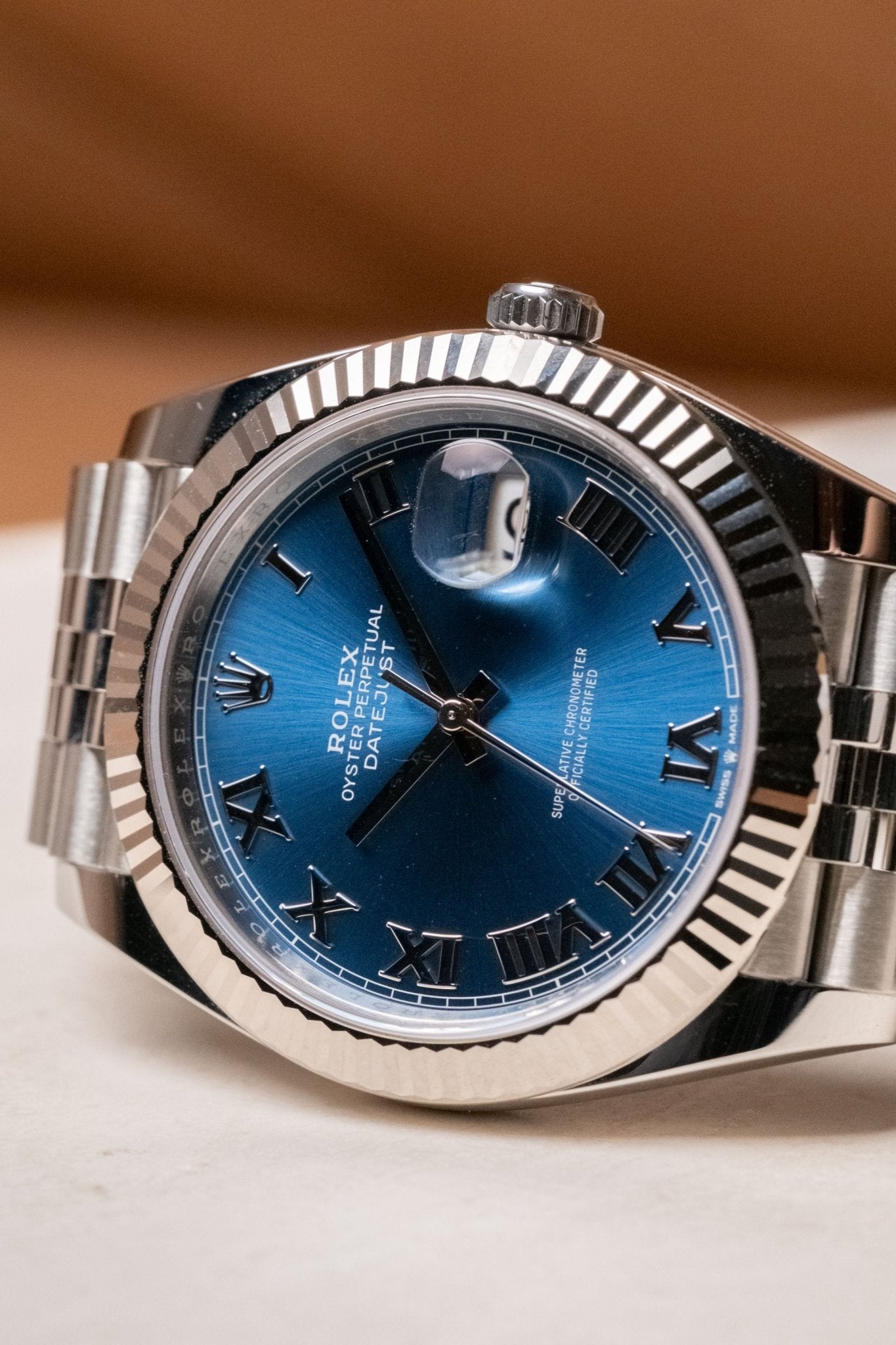 2026 Rolex Datejust 41 Fluted Jubilee “Azzuro Blue Roman” 126334 dial detail close-up