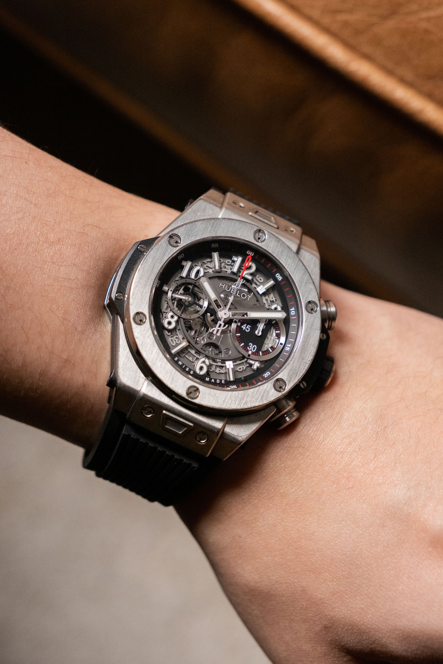 2016 Hublot Big Bang Unico Titanium Skeleton 411.NX.1170.RX dial detail close-up