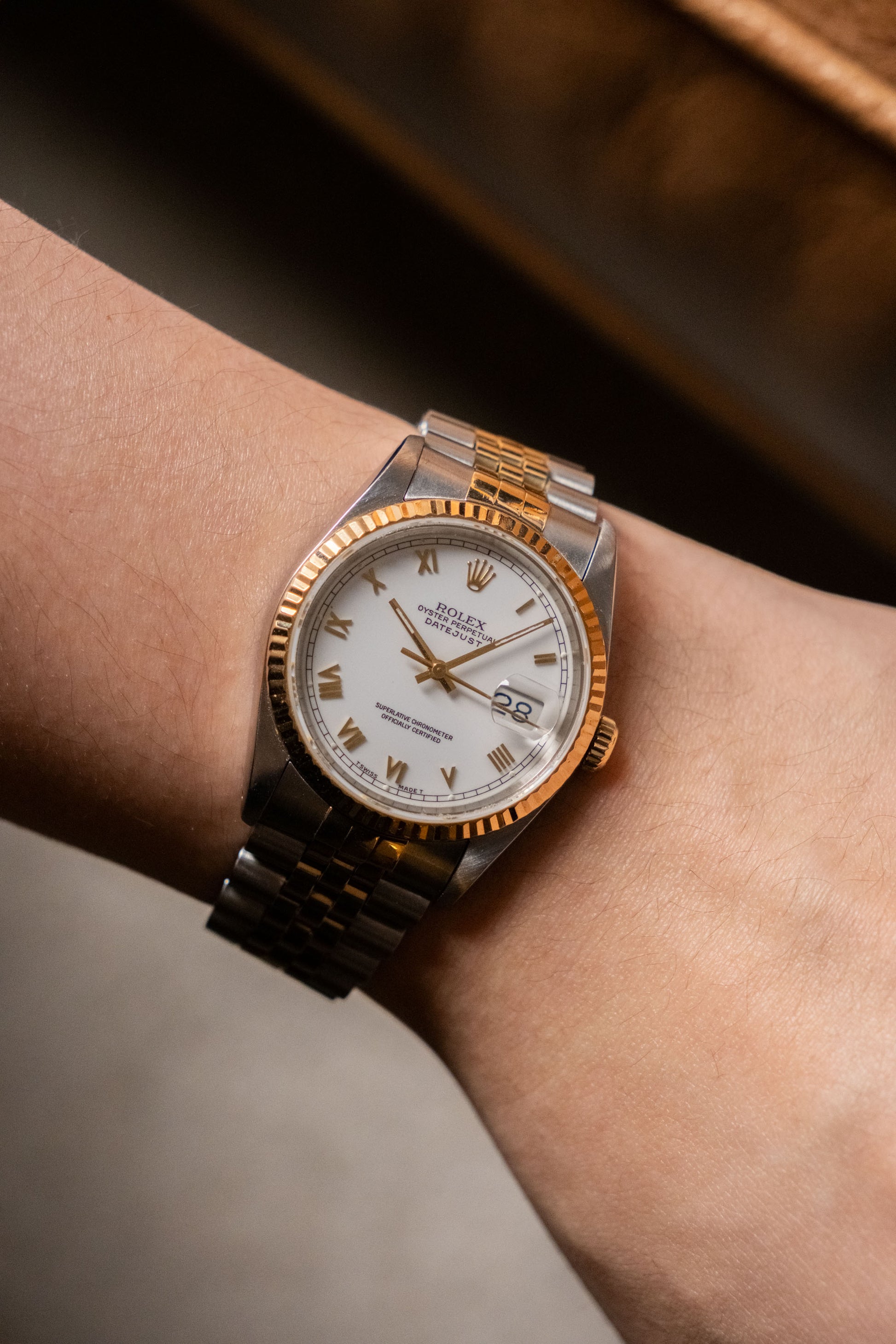 1993 Rolex Datejust 36 Two-Tone White Roman Dial Ref 16233 dial close-up - Wristory