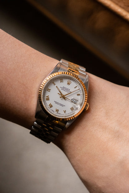 1993 Rolex Datejust 36 Two-Tone White Roman Dial Ref 16233 dial close-up - Wristory