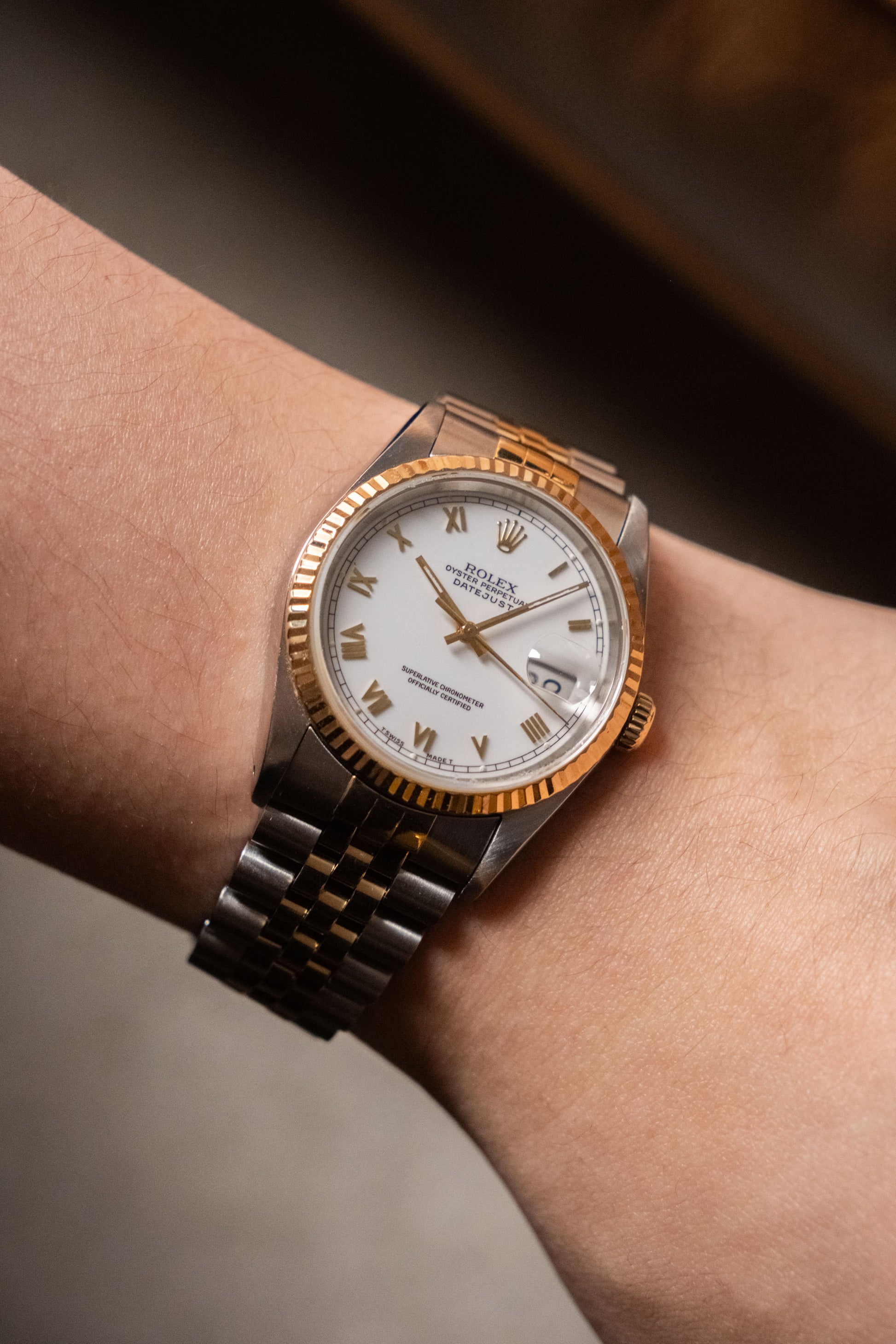 1993 Rolex Datejust 36 Two-Tone White Roman Dial Ref 16233 on wrist - Wristory