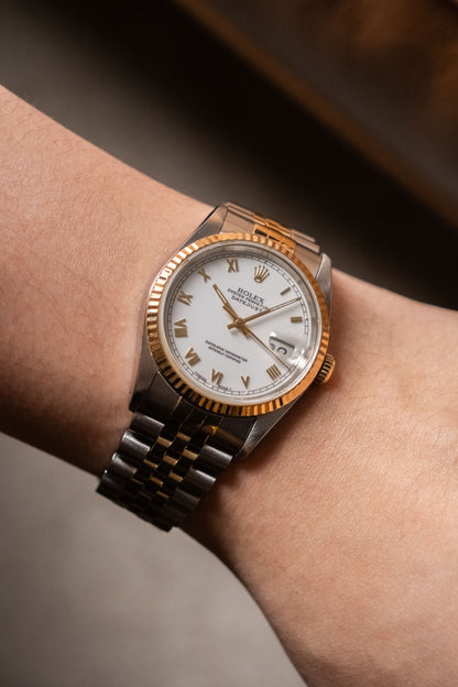 1993 Rolex Datejust 36 Two-Tone White Roman Dial Ref 16233 on wrist - Wristory