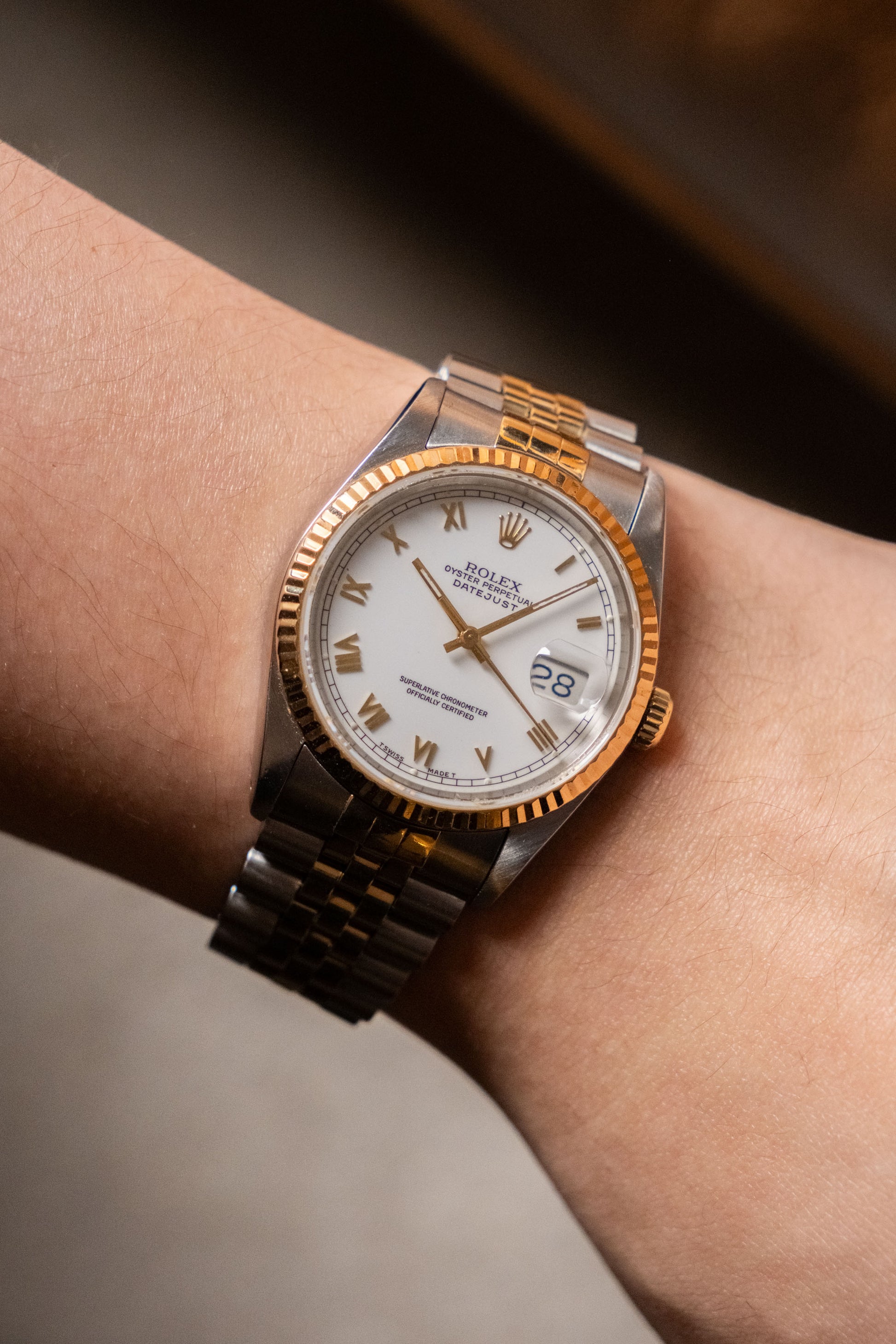1993 Rolex Datejust 36 Two-Tone White Roman Dial Ref 16233 dial detail - Wristory