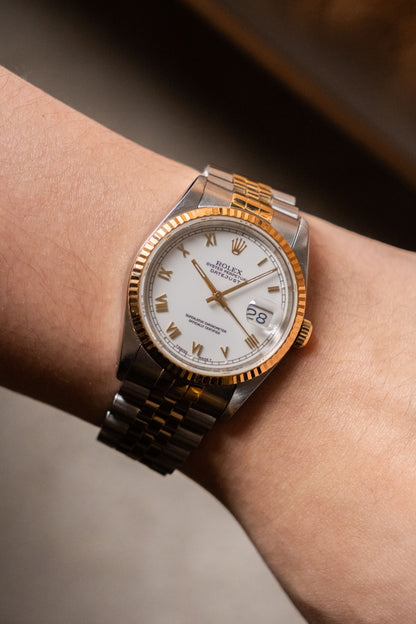 1993 Rolex Datejust 36 Two-Tone White Roman Dial Ref 16233 dial detail - Wristory