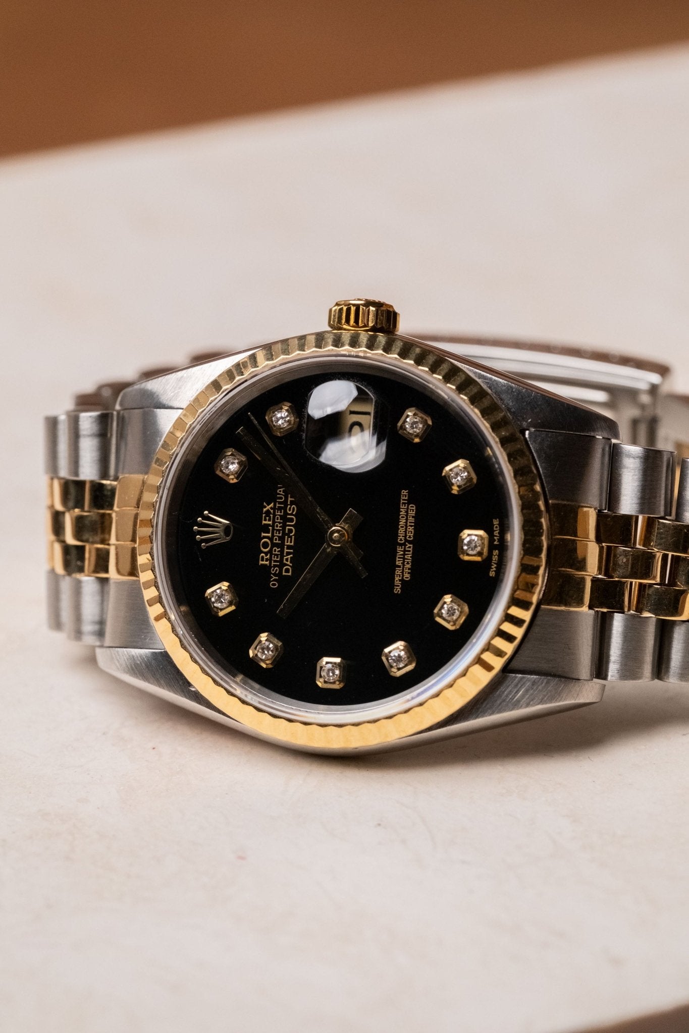 Rolex Datejust 36 Two - Tone Black Big Diamond Fluted Jubilee 16233G - Wristory