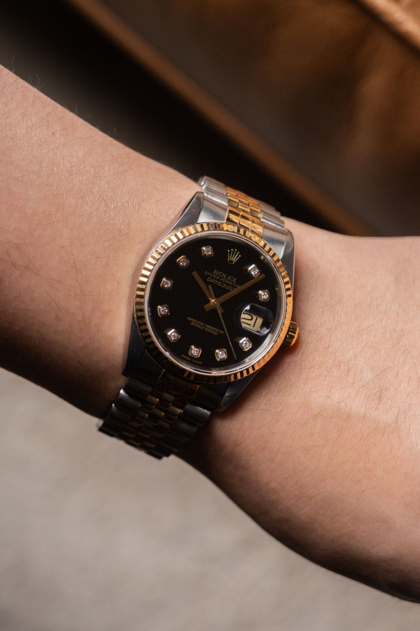 Rolex Datejust 36 Two - Tone Black Big Diamond Fluted Jubilee 16233G - Wristory