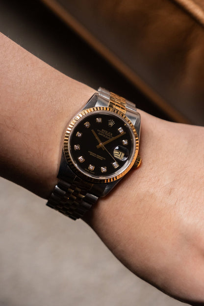 Rolex Datejust 36 Two - Tone Black Big Diamond Fluted Jubilee 16233G - Wristory