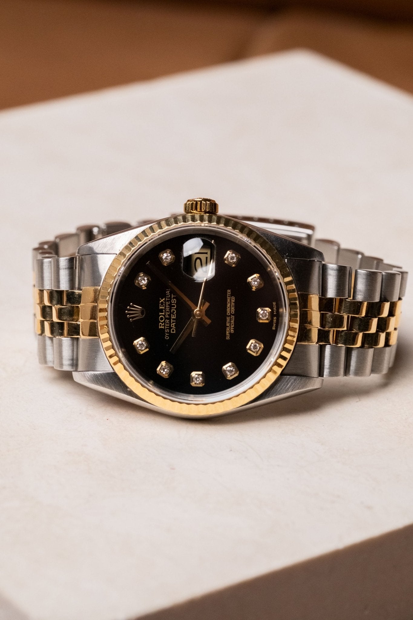 Rolex Datejust 36 Two - Tone Black Big Diamond Fluted Jubilee 16233G - Wristory