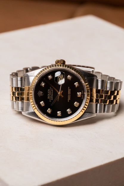 Rolex Datejust 36 Two - Tone Black Big Diamond Fluted Jubilee 16233G - Wristory