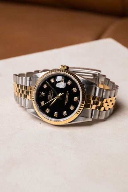 Rolex Datejust 36 Two - Tone Black Big Diamond Fluted Jubilee 16233G - Wristory