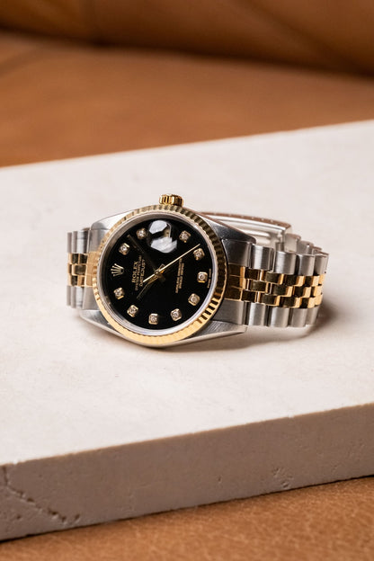 Rolex Datejust 36 Two - Tone Black Big Diamond Fluted Jubilee 16233G - Wristory