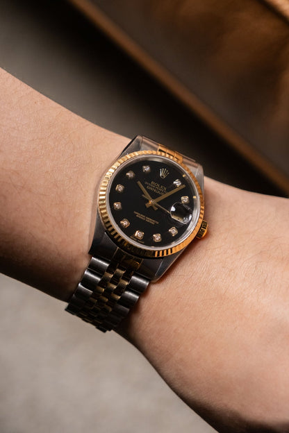 Rolex Datejust 36 Two - Tone Black Big Diamond Fluted Jubilee 16233G - Wristory