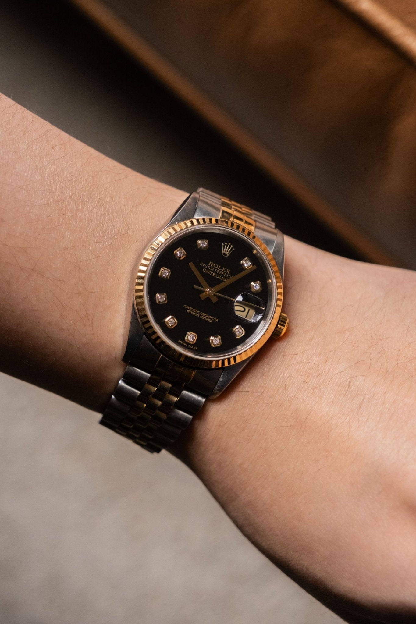 Rolex Datejust 36 Two - Tone Black Big Diamond Fluted Jubilee 16233G - Wristory